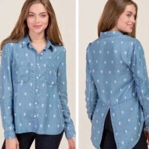 HARPER Chambray Shirt M Lyocell Button Down Cactus Print Split Tail Novelty